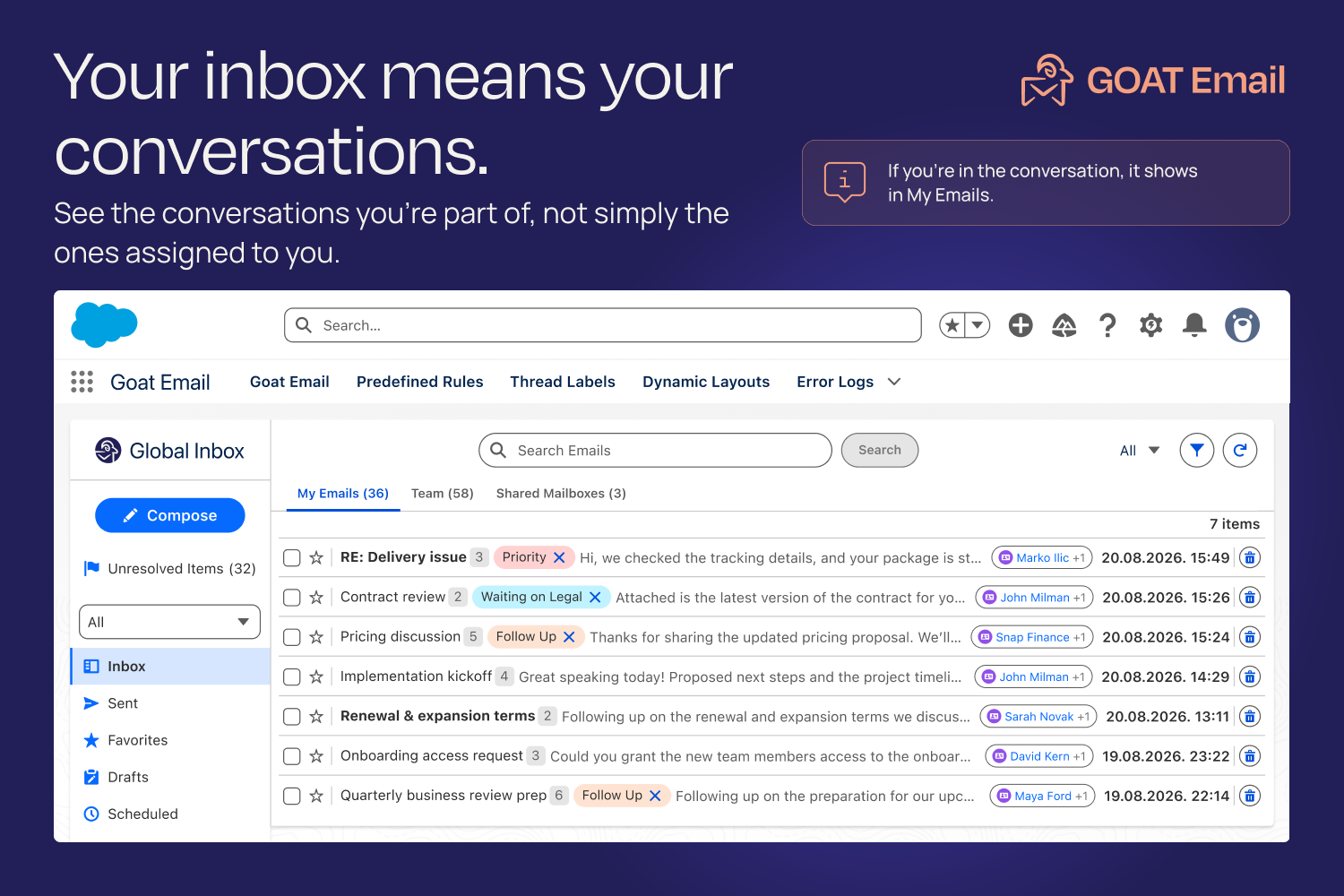 GOAT Email, Global Inbox, Shared Inbox, Shared Mailbox, Team Email, Email Assignment, Email Routing, Customer Communication, Queue Management, Email Ownership, Team Collaboration, Email Visibility, Customer Service Inbox, Email History, Email Visibility | Salesforce AgentExchange screenshot 7