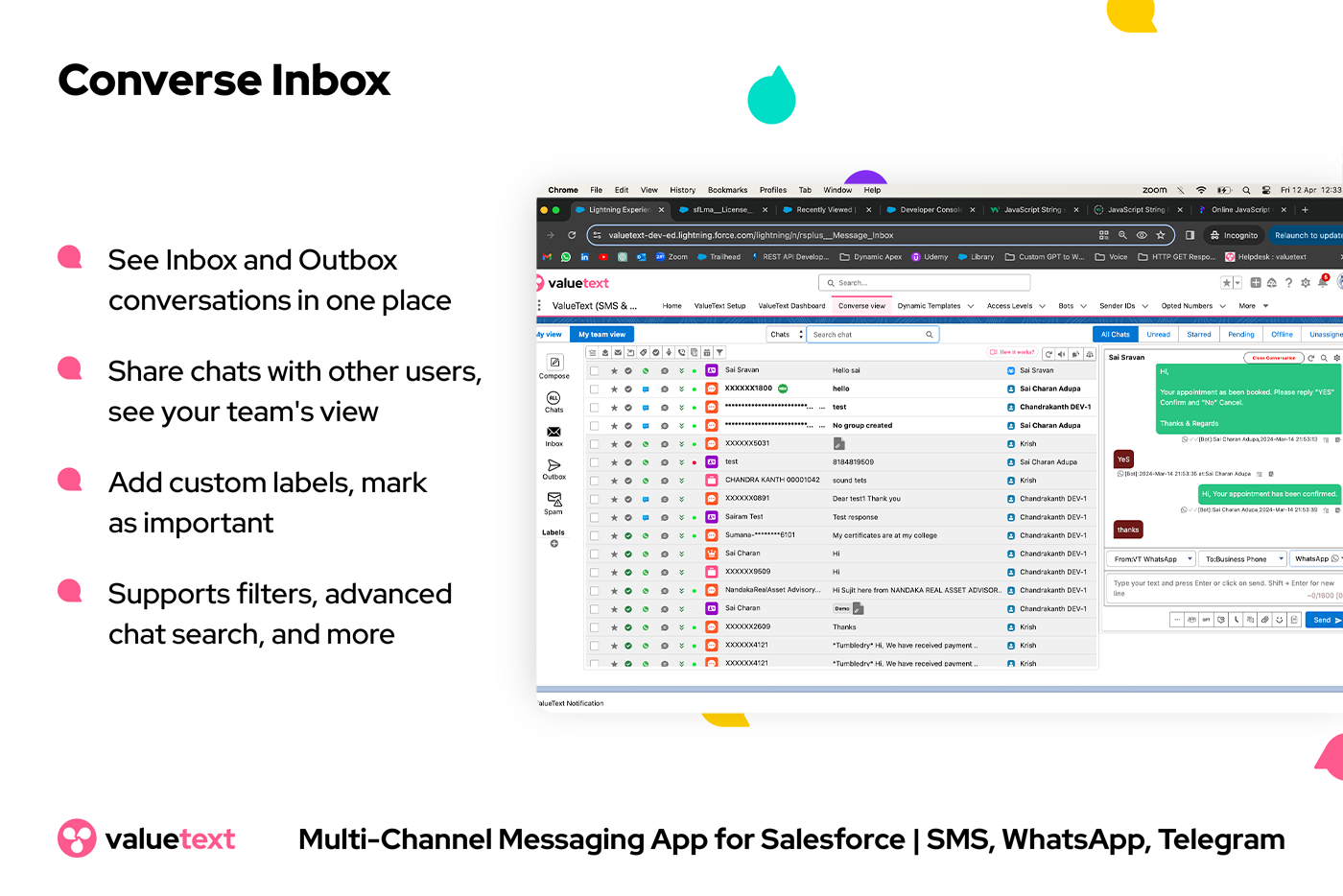 Converse Inbox for all your SMS, WhatsApp and Telegram Messages