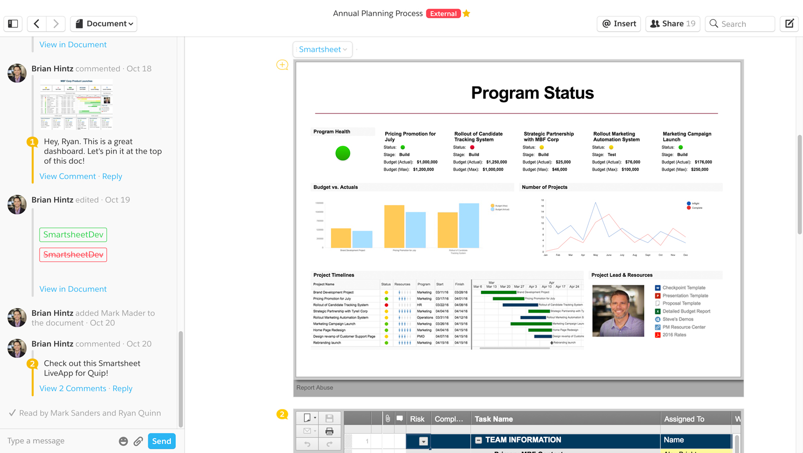 smartsheet live app for quip