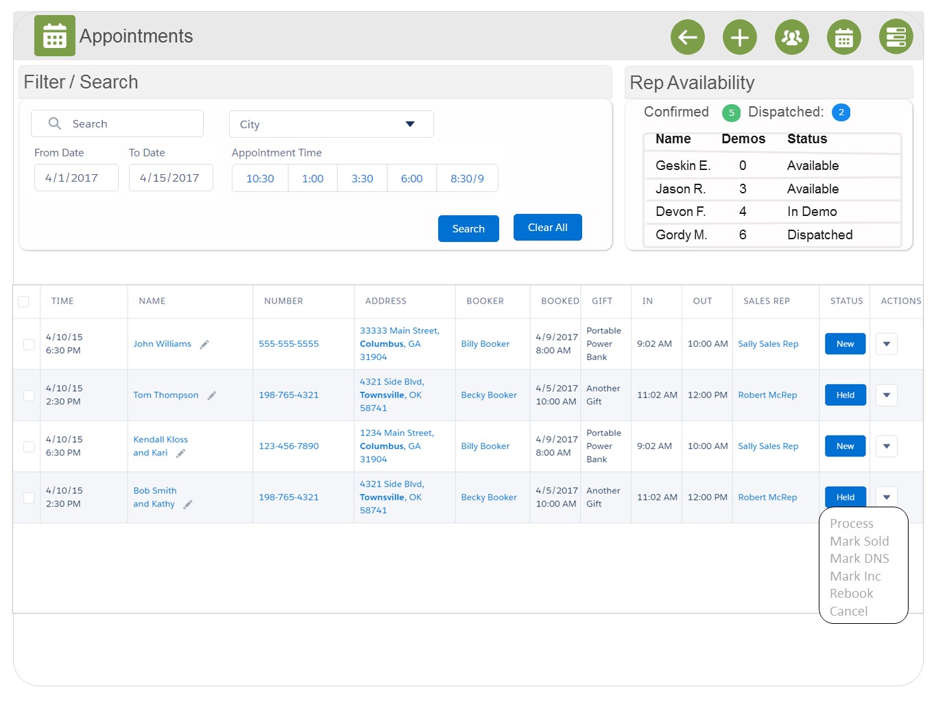 custom appointment management screen