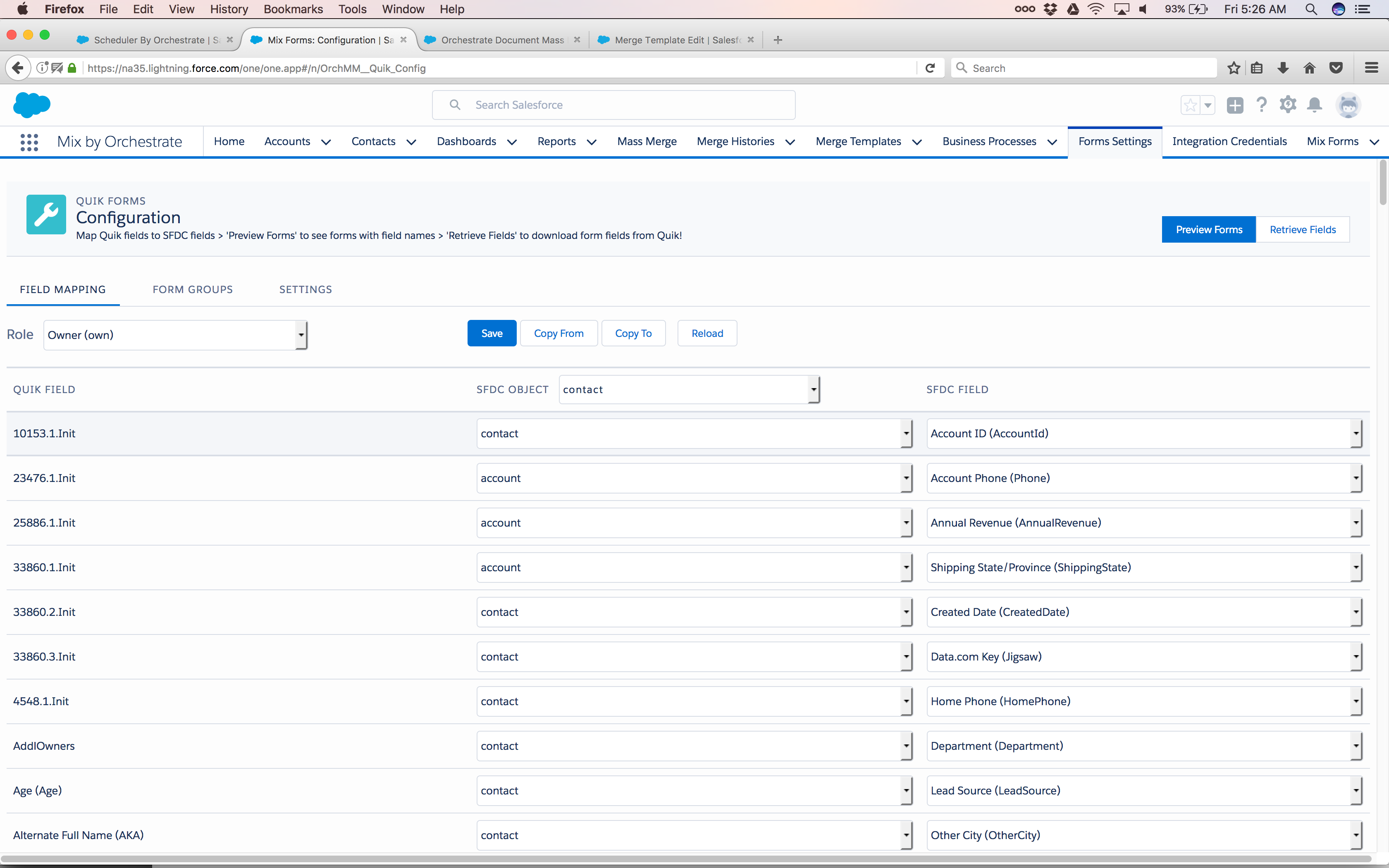 map sfdc fields and populate financial forms with salesforce record data