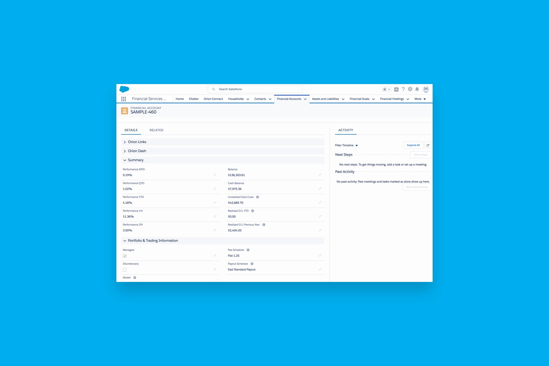 financial account view showing orion performance values