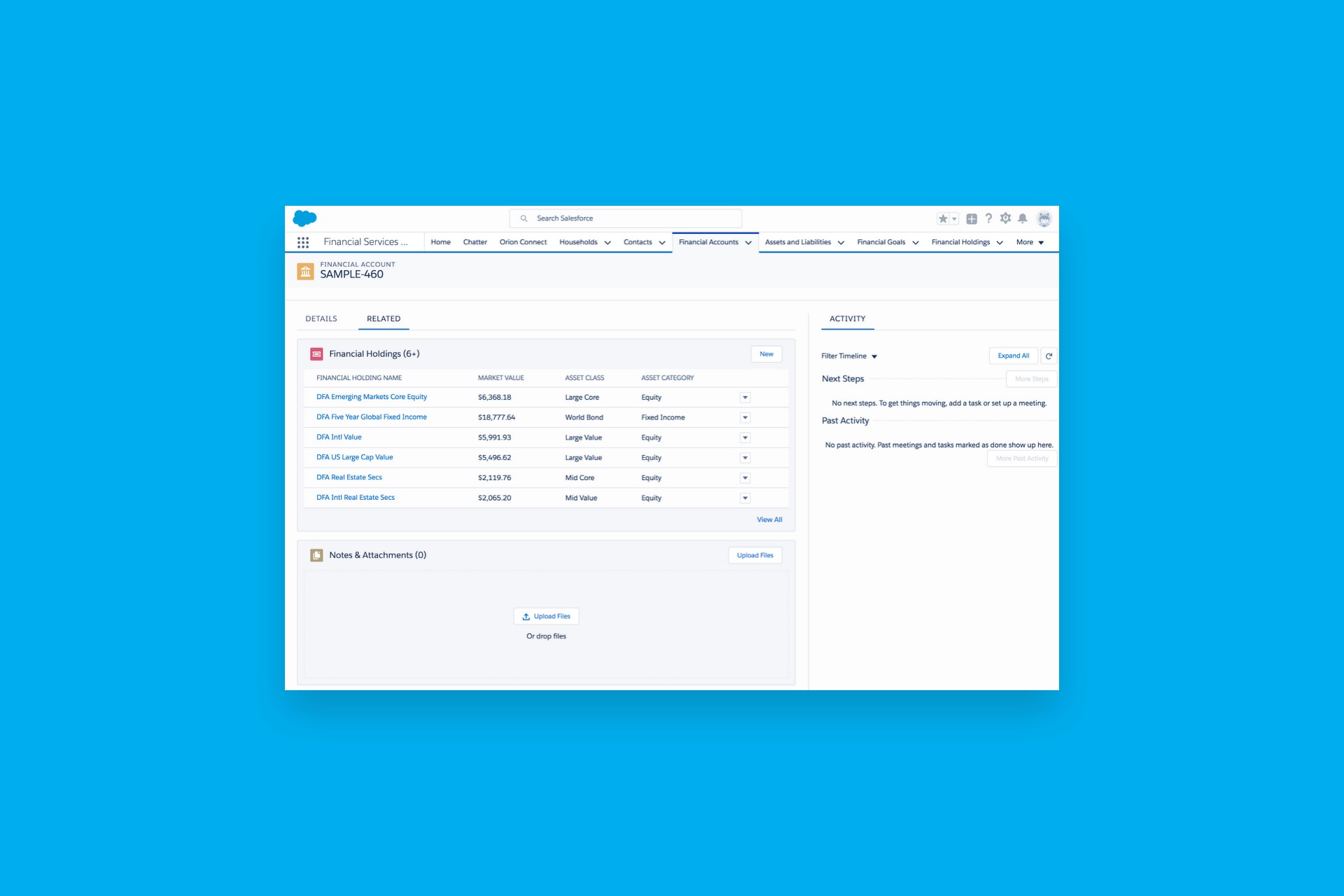financial account view showing related financial holdings
