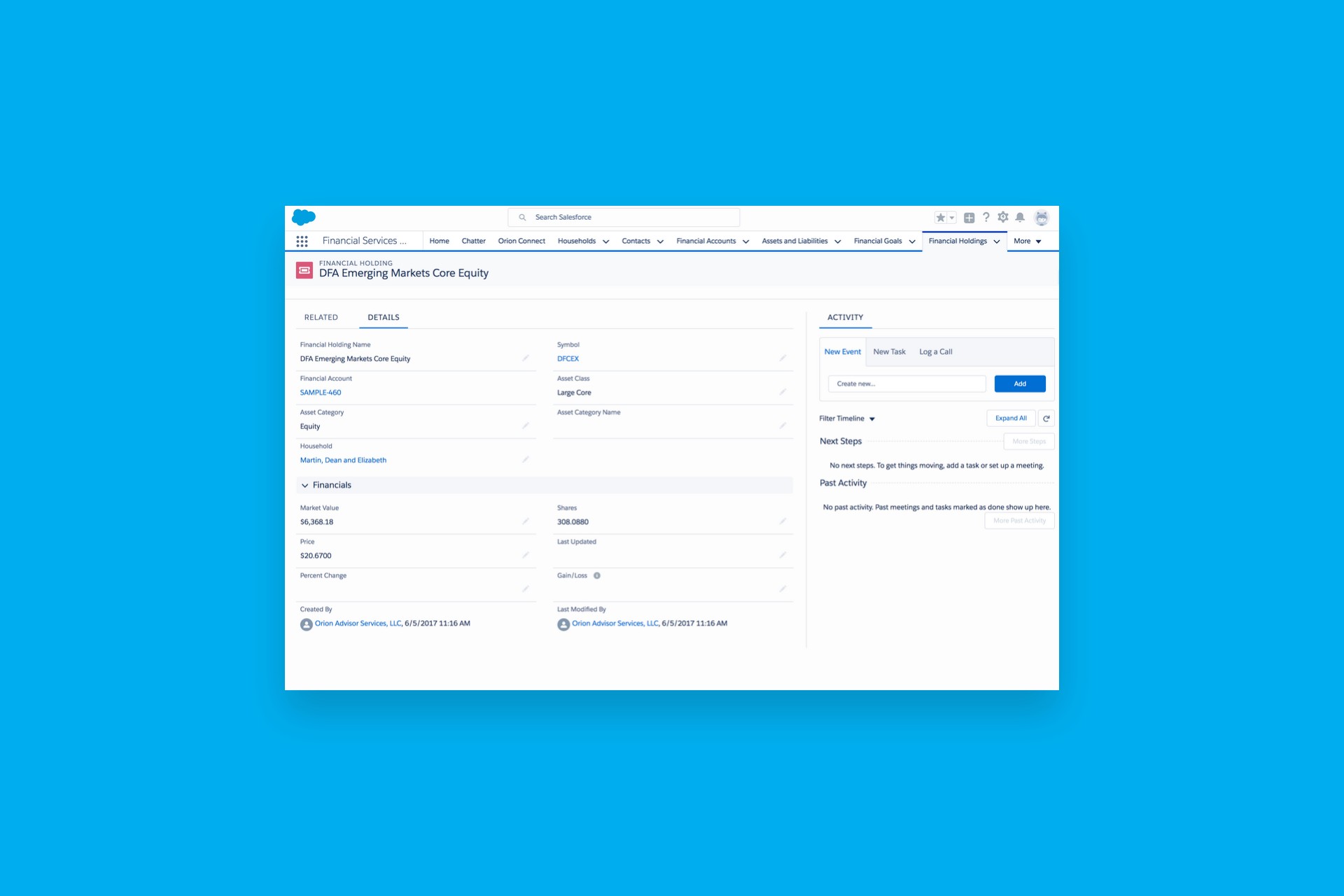 financial holdings view showing market value shares price