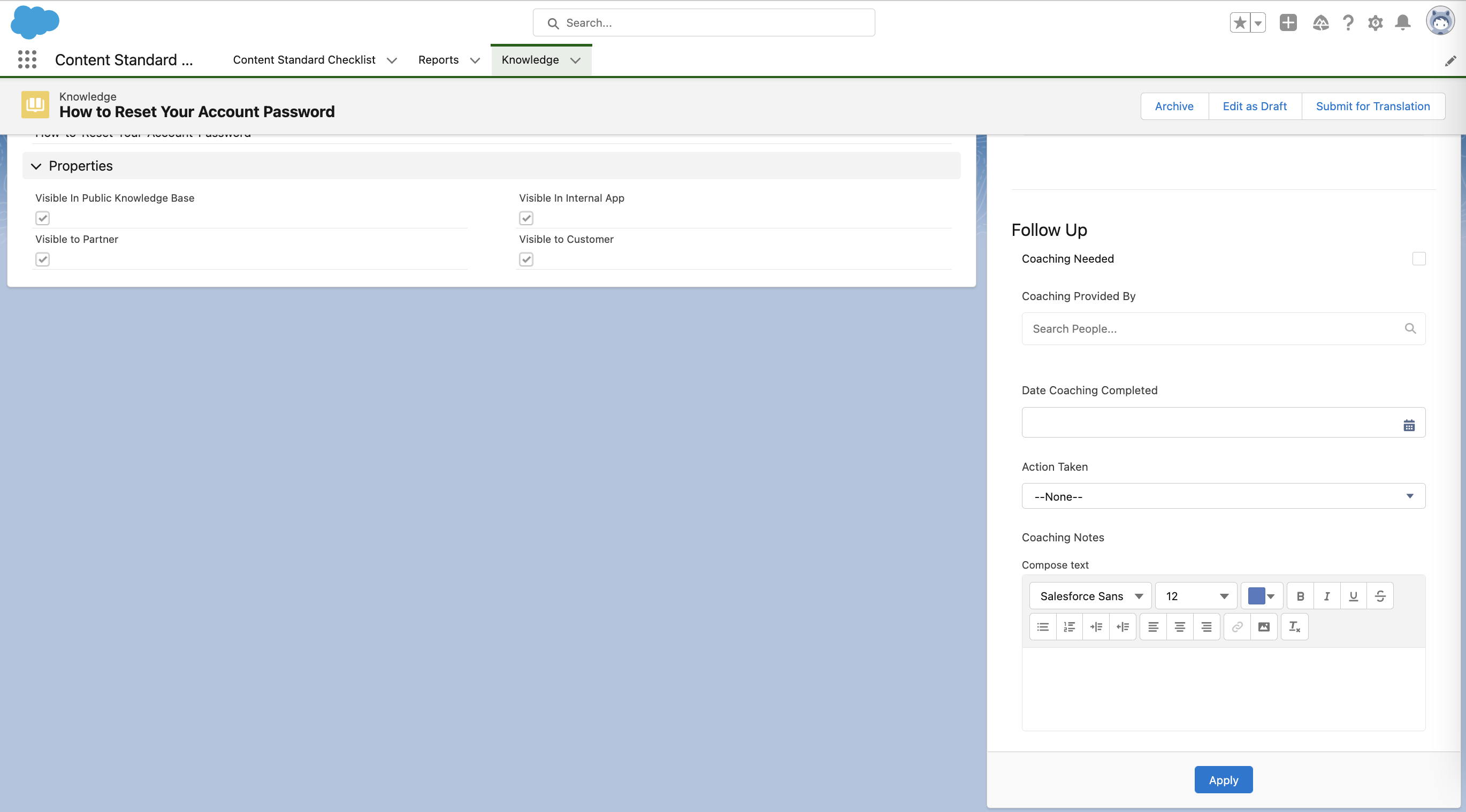 follow up section of the aqi component on the knowledge article record