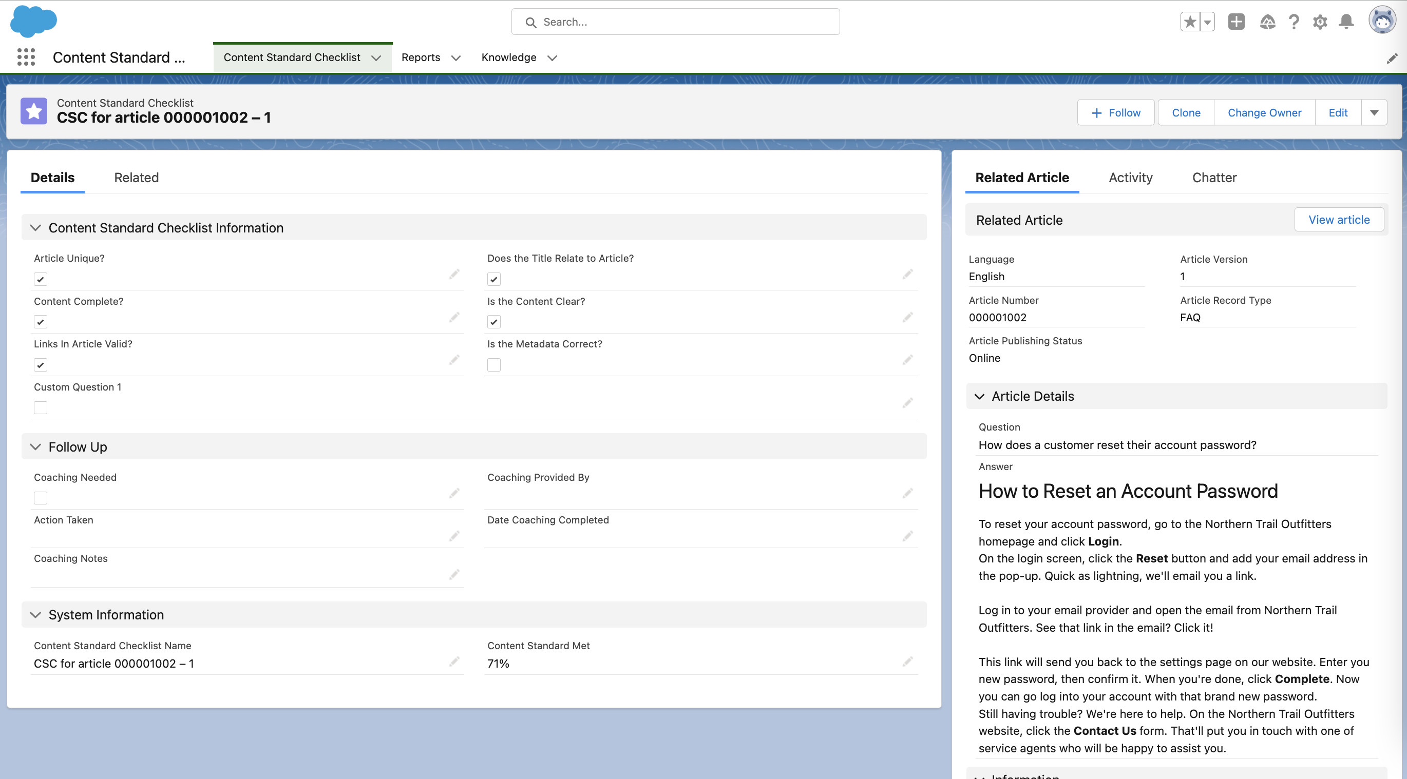 lightning article quality index record with related article component in the right column