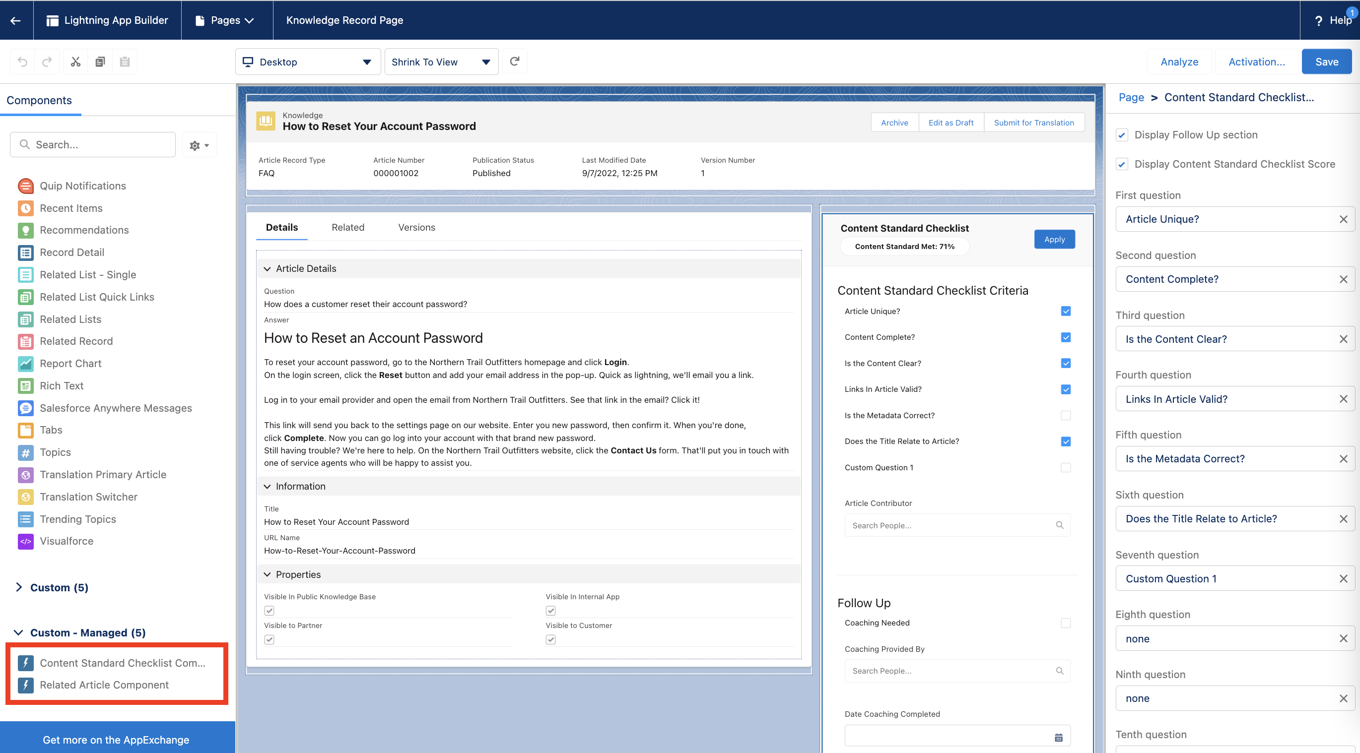 app builder showing the two aqi components on the left and aqi component configuration on right