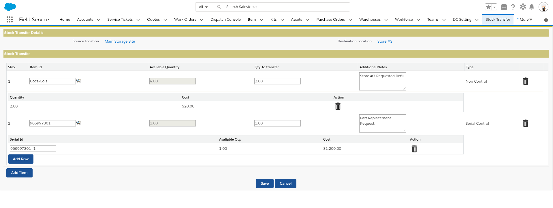 transfer supplies between multiple locations