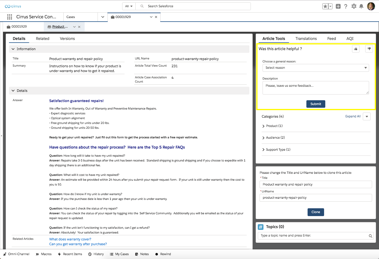 add the article rating and feedback component to capture written
