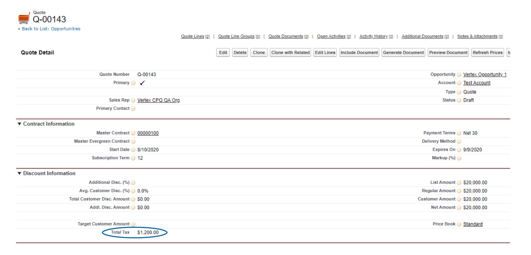 tax is calculated and shown based off of the quote amount and calculated