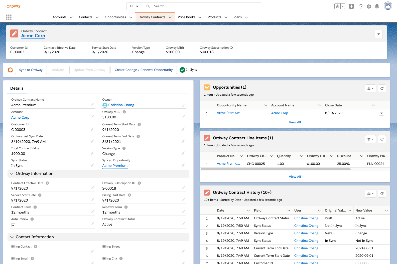 ordway contract in salesforce with option to create a changed or