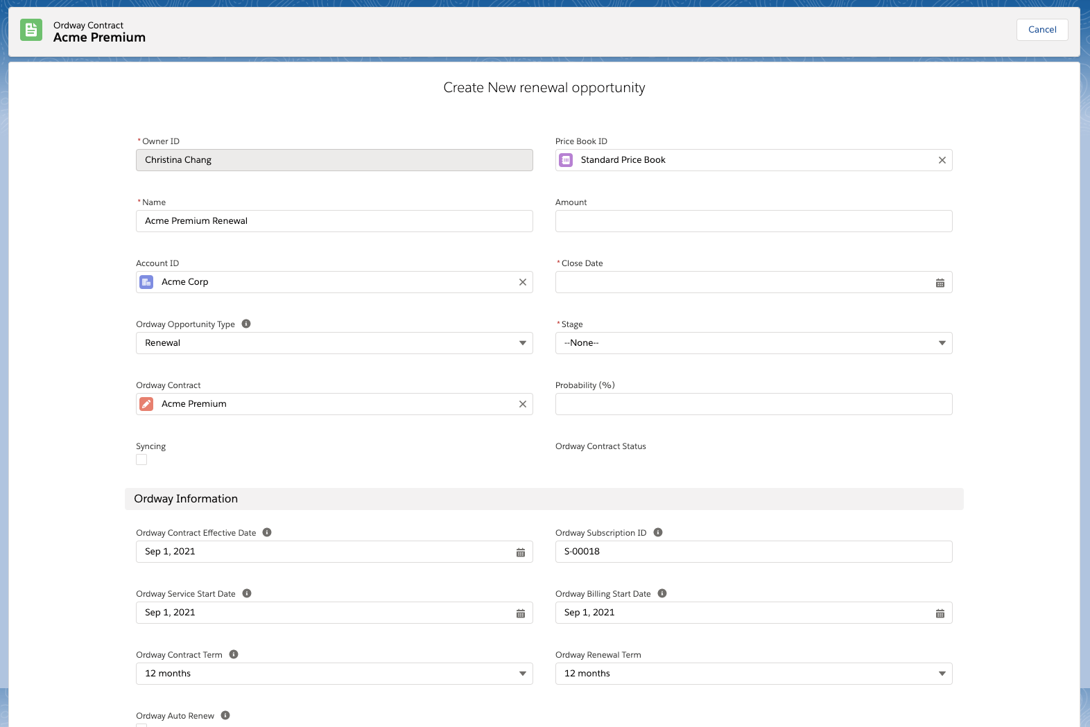 renewal opportunity details with options for auto renew and updated term