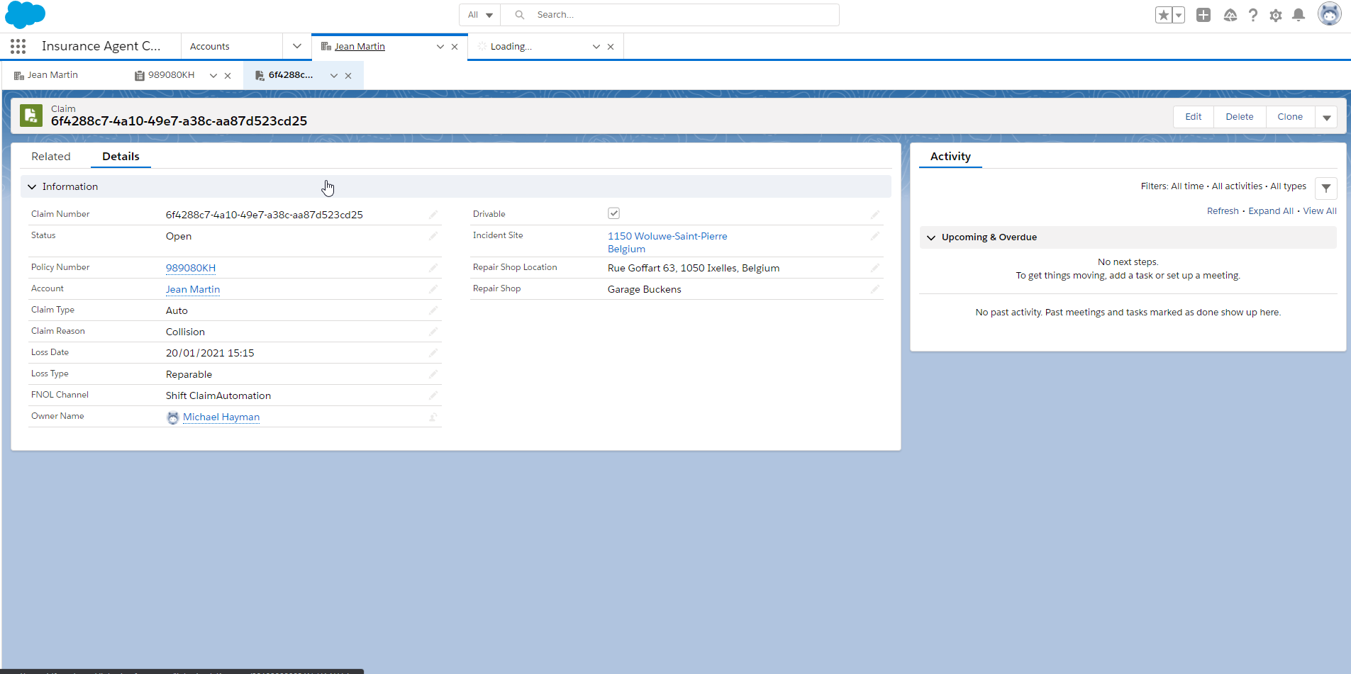 claim is automatically created in salesforce with all collected ...