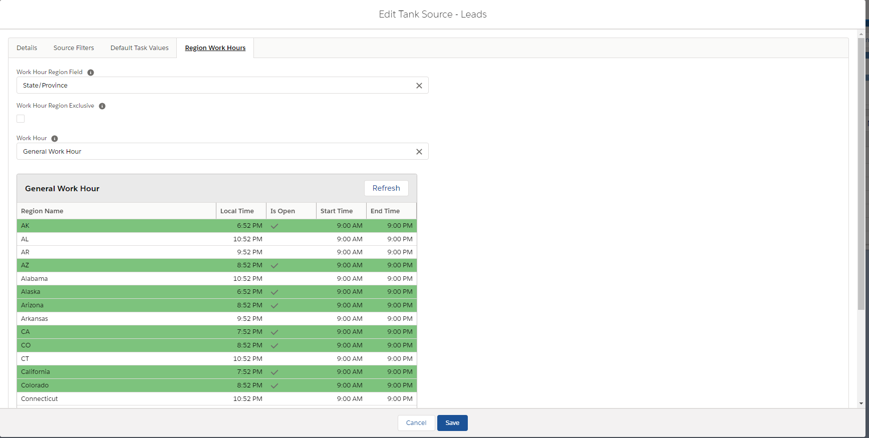 time zone to turn on off state country regions or set specific start