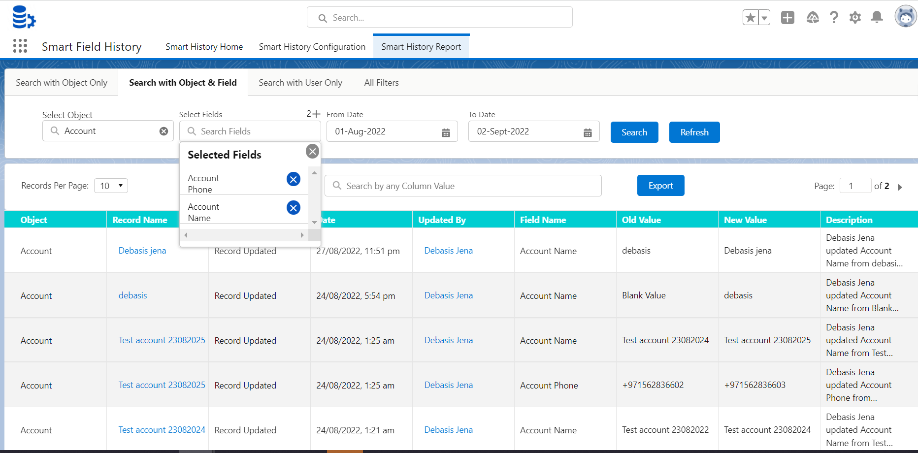 smart field history object field report