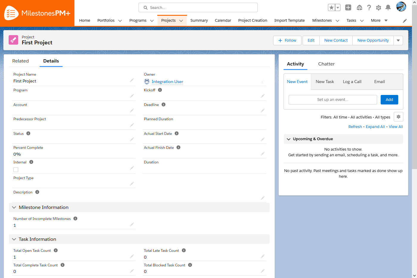 milestones pm+ project out of the box