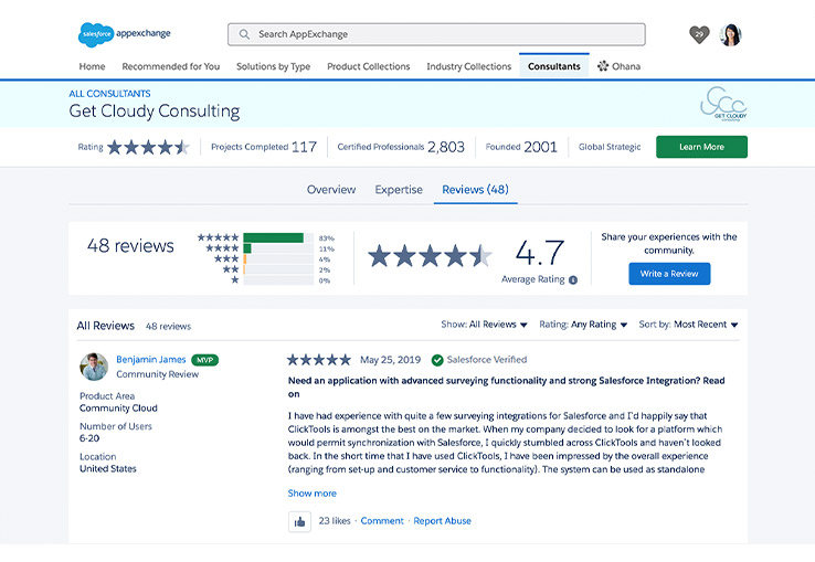 Example screenshot of App reviews page